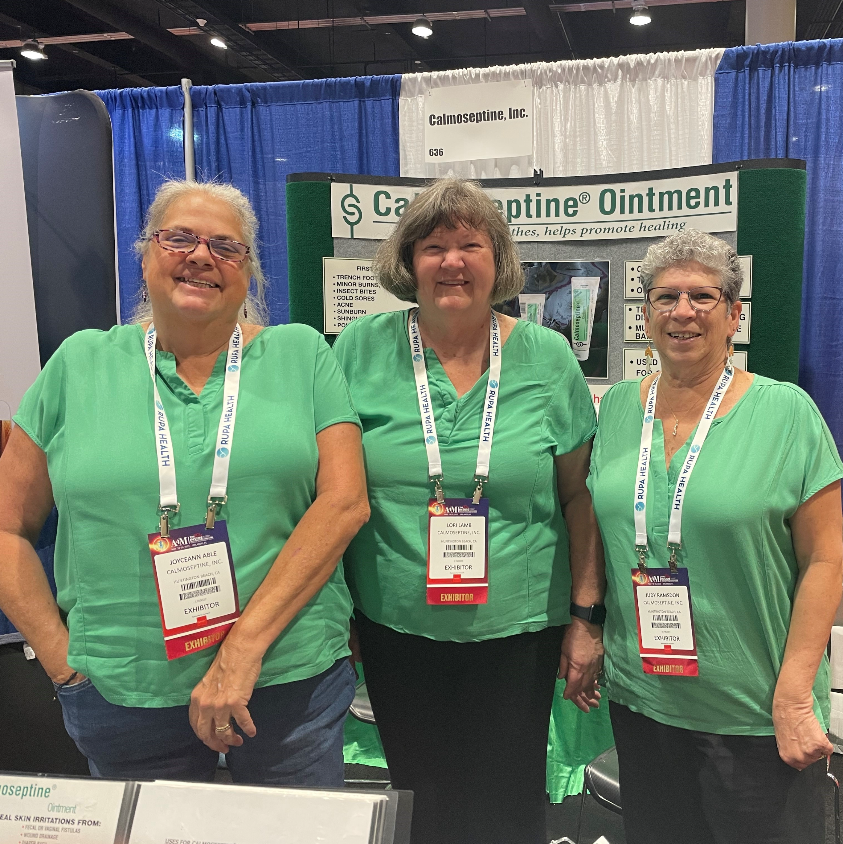 JoyceAnn Able, RN, Lori Lamb, RN and Judy Ramsdon, RN pose for a group photo at the Calmoseptine booth.
American Academy of Anti-Aging Medicine (A4M) Spring Congress in Orlando, FL.  May 2023.
