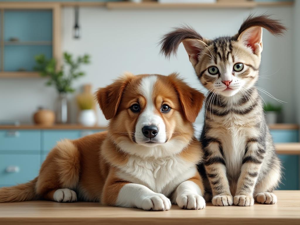 Cute puppy and playful kitten with funny hairstyles in a cozy kitchen setting.