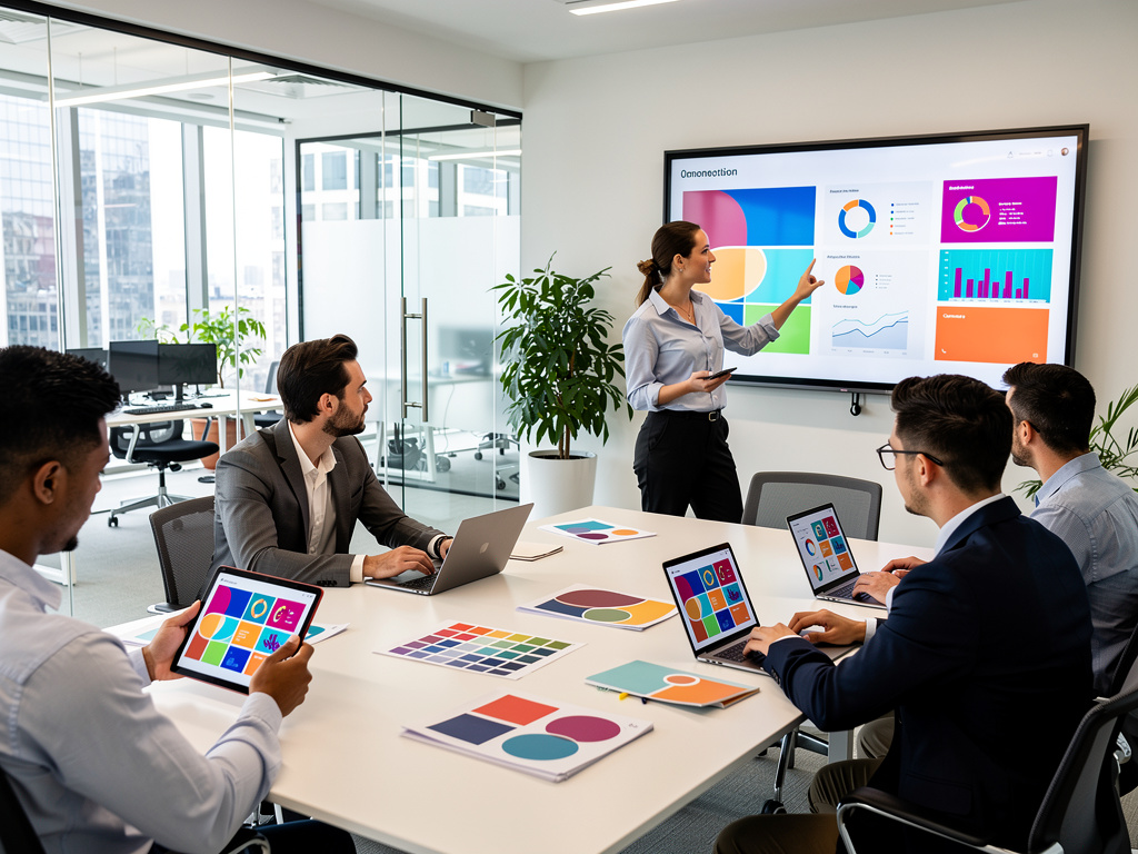 Reunión de equipo en oficina moderna con presentación de diseño gráfico y análisis de datos en pantalla