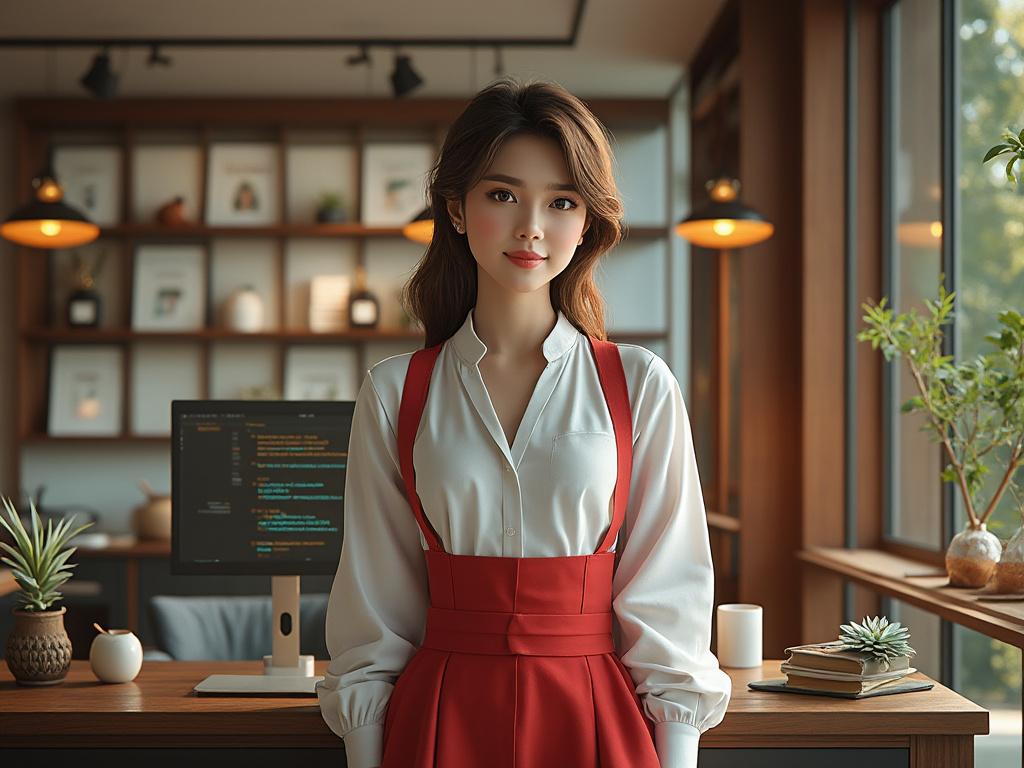 Mujer joven vestida formalmente de pie en una oficina moderna con plantas y computadora en el fondo.