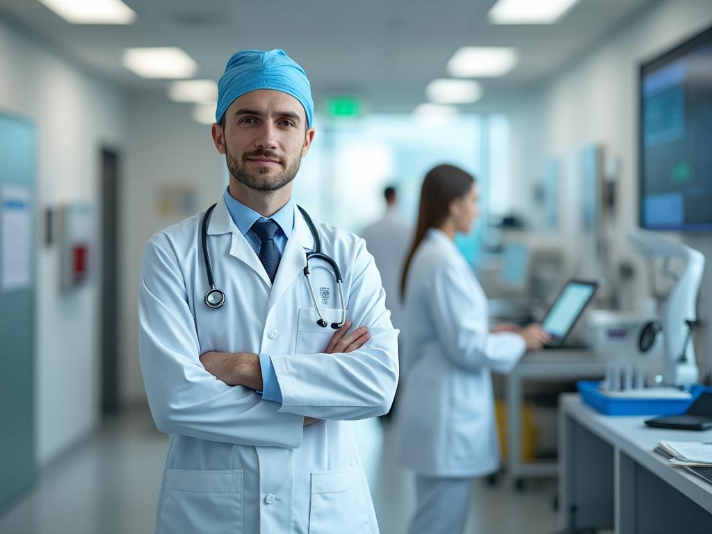 Confident male doctor with stethoscope in hospital corridor, female colleague working on computer in background.