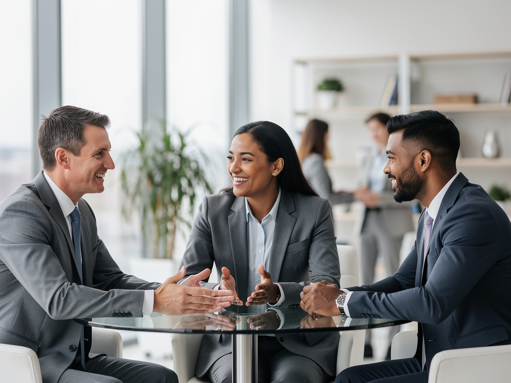 Equipo de profesionales en traje conversando en reunión de negocios en oficina moderna