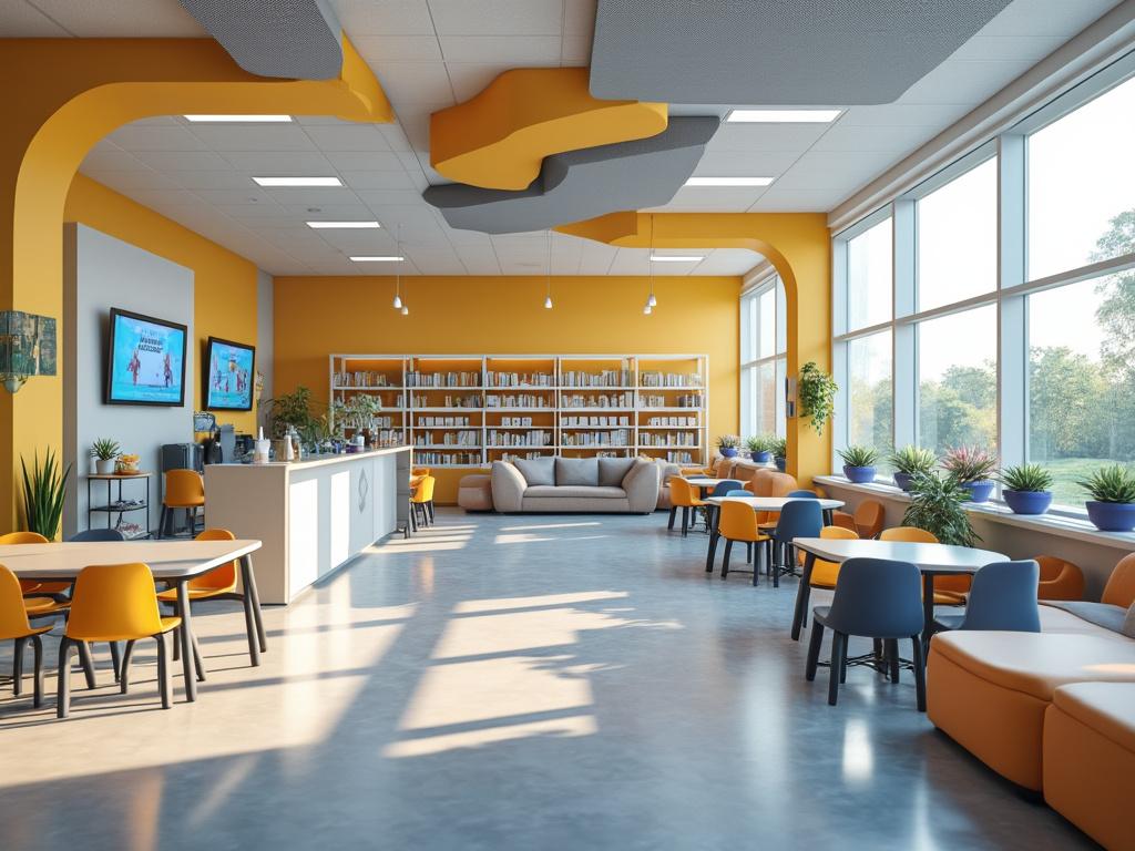 Cafetería moderna y luminosa con muebles coloridos, estanterías de libros y ventanas grandes que ofrecen vistas al exterior.