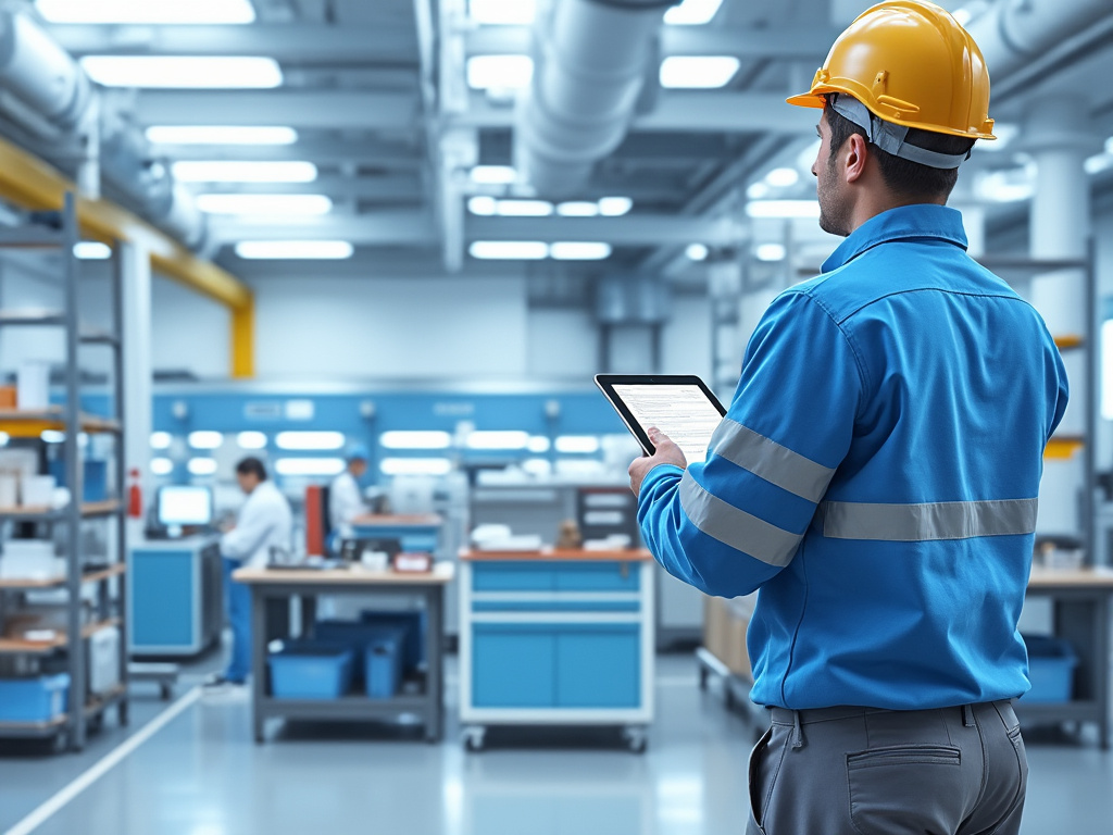 Trabajador industrial con casco amarillo y uniforme azul revisando datos en una tableta en una fábrica moderna.