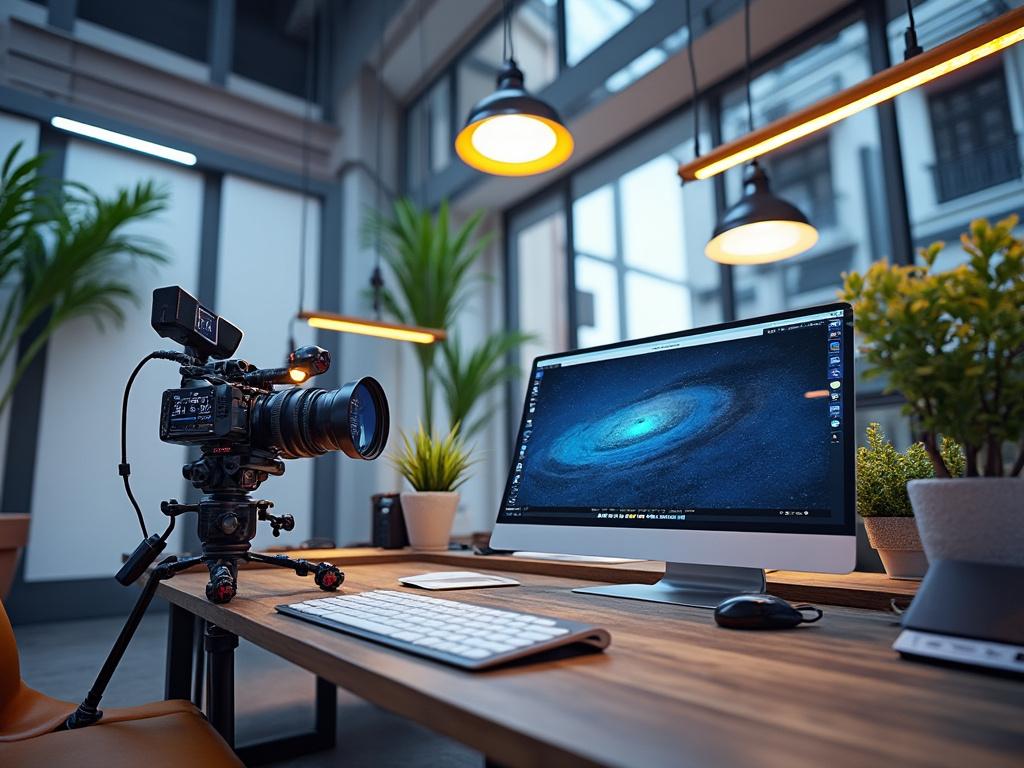 Modern workspace with a desktop computer displaying a galaxy image, professional camera on tripod, and vibrant green plants, illuminated by pendant lights in industrial-style office.