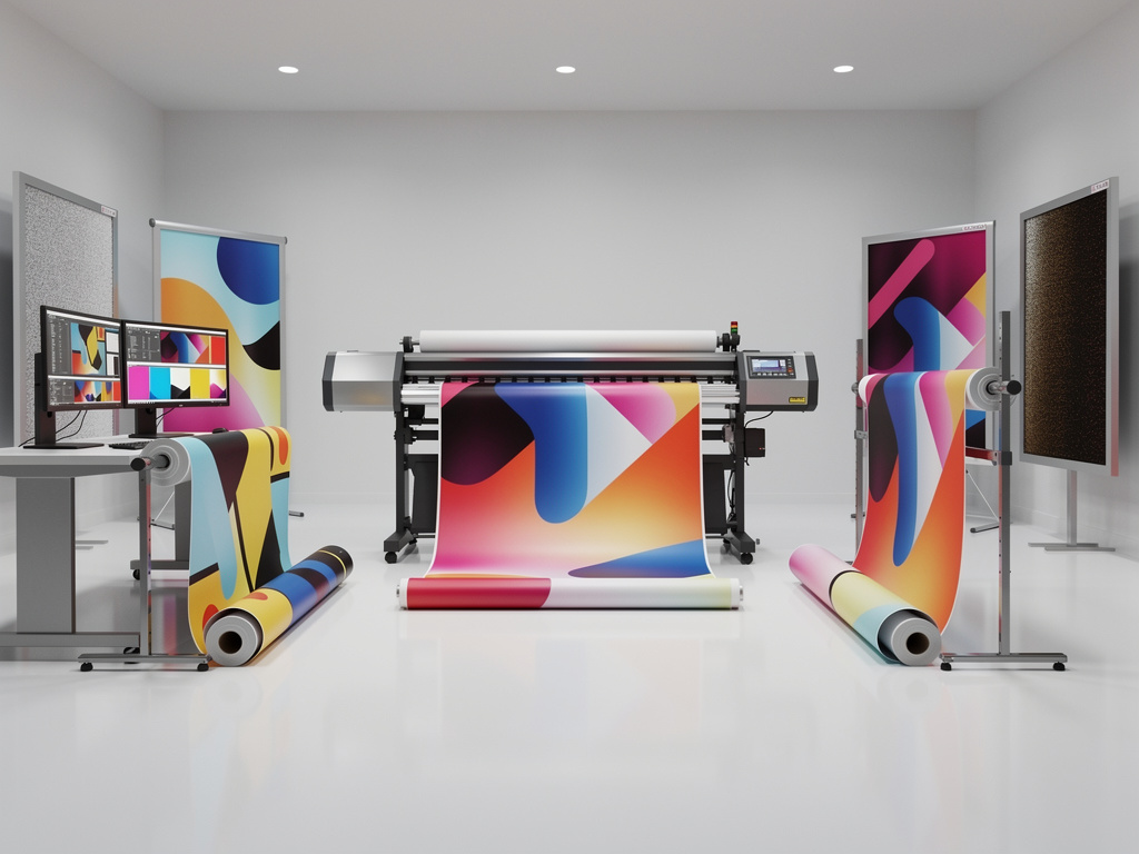 Impresora de gran formato produciendo gráficos coloridos en taller de impresión digital con monitores y rollos de vinilo