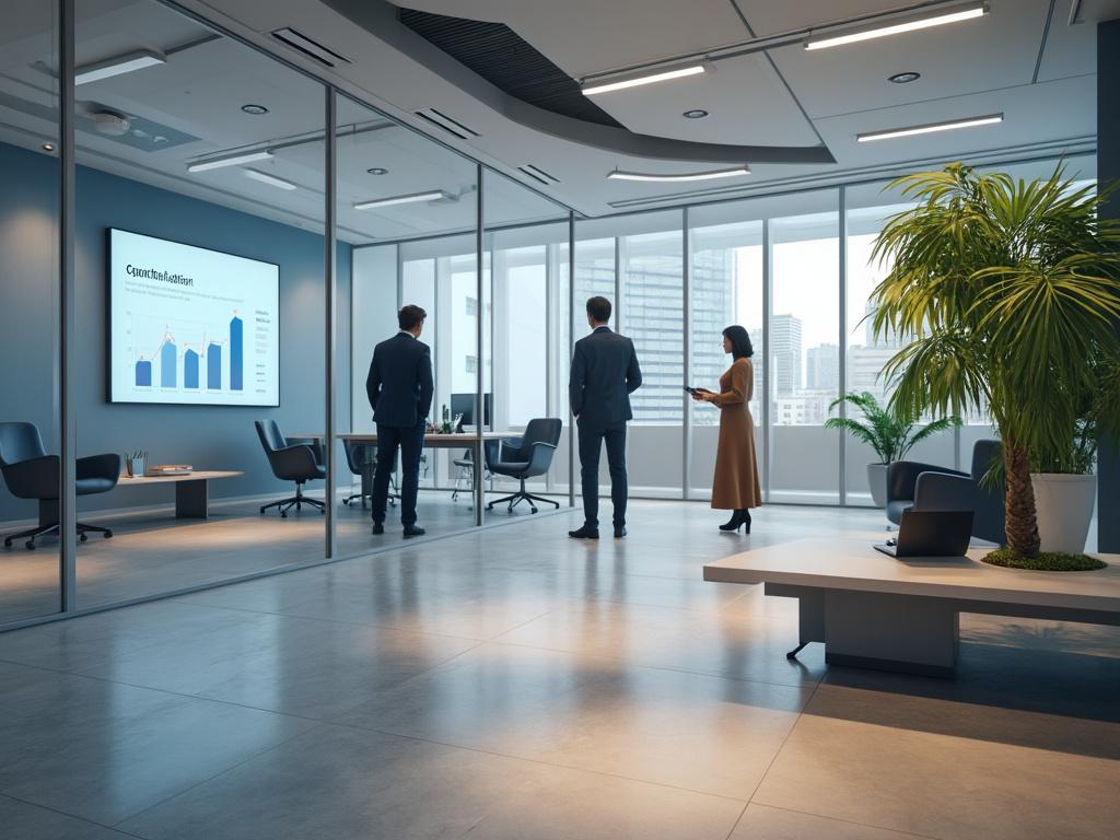 Oficina moderna con personas discutiendo gráficos en pantalla, iluminación natural y plantas decorativas.