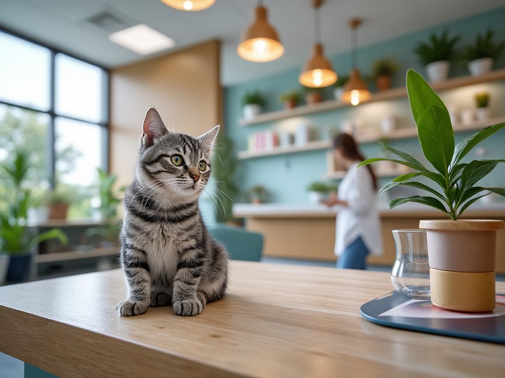 Cute tabby cat sitting on a wooden table in a modern kitchen with green plants and pendant lights, blurred woman in background.