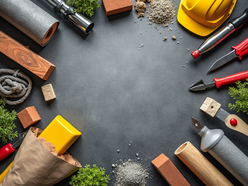 Herramientas de construcción y materiales sobre fondo negro, incluyendo casco amarillo, ladrillos, cuerda y plantas.
