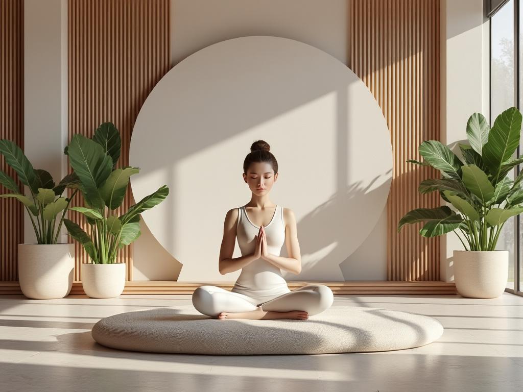 Mujer meditando en una sala iluminada con plantas, sentada en una esterilla redonda.
