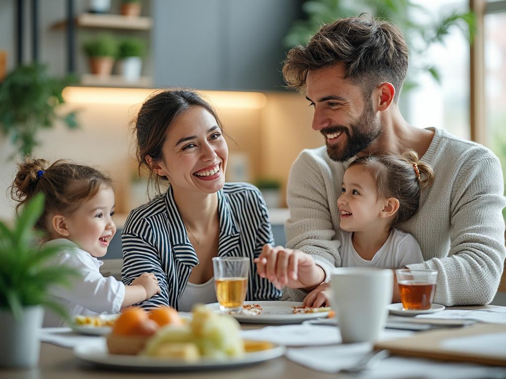 Happy family of four enjoying breakfast together at home, with two young children smiling.