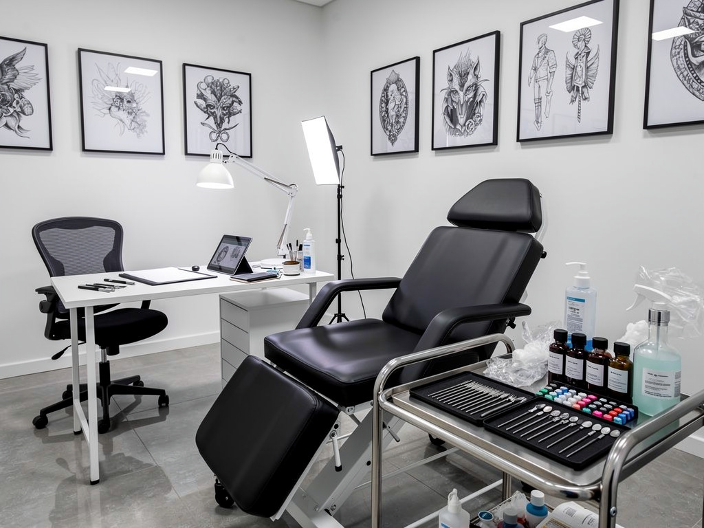 Estudio de tatuajes moderno con camilla negra, equipo profesional y diseños de arte enmarcados en la pared Estudio de tatuajes moderno con camilla negra, equipo profesional y diseños de arte enmarcados en la pared