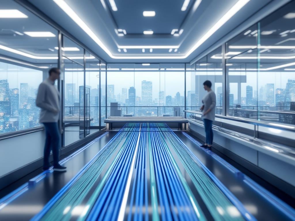 Interior de oficina moderna con vista a la ciudad y dos personas de pie, con un suelo iluminado en azul y verde.