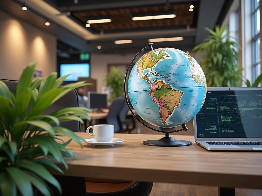 Globo terráqueo en una oficina moderna junto a una laptop y una taza de café sobre un escritorio, con plantas alrededor.