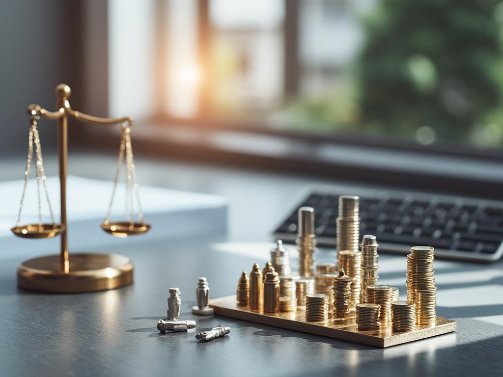 Balanza dorada y pilas de monedas sobre una mesa, simbolizando equilibrio financiero con teclado de fondo.