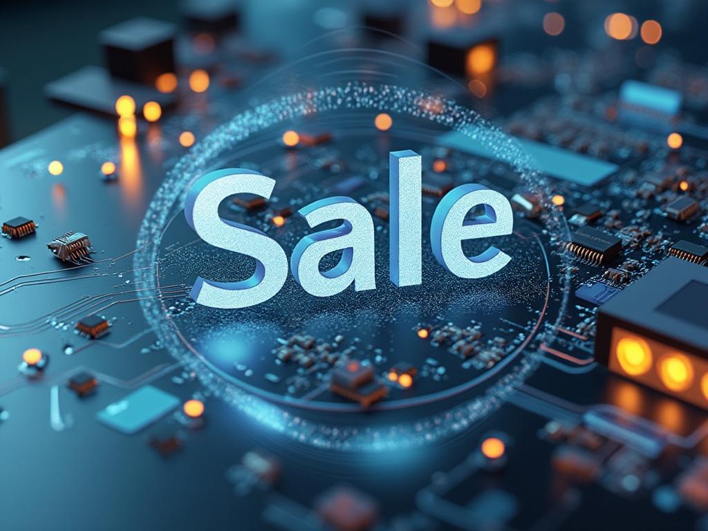 Texto 'Sale' sobre fondo de circuito electrónico con luces brillantes, simbolizando una oferta o promoción tecnológica.
