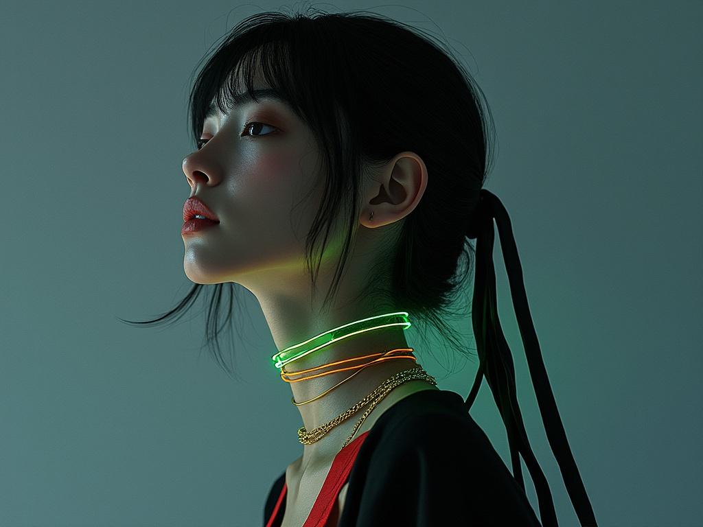 Profile of a woman with neon necklaces and dark hair tied back, set against a muted background.