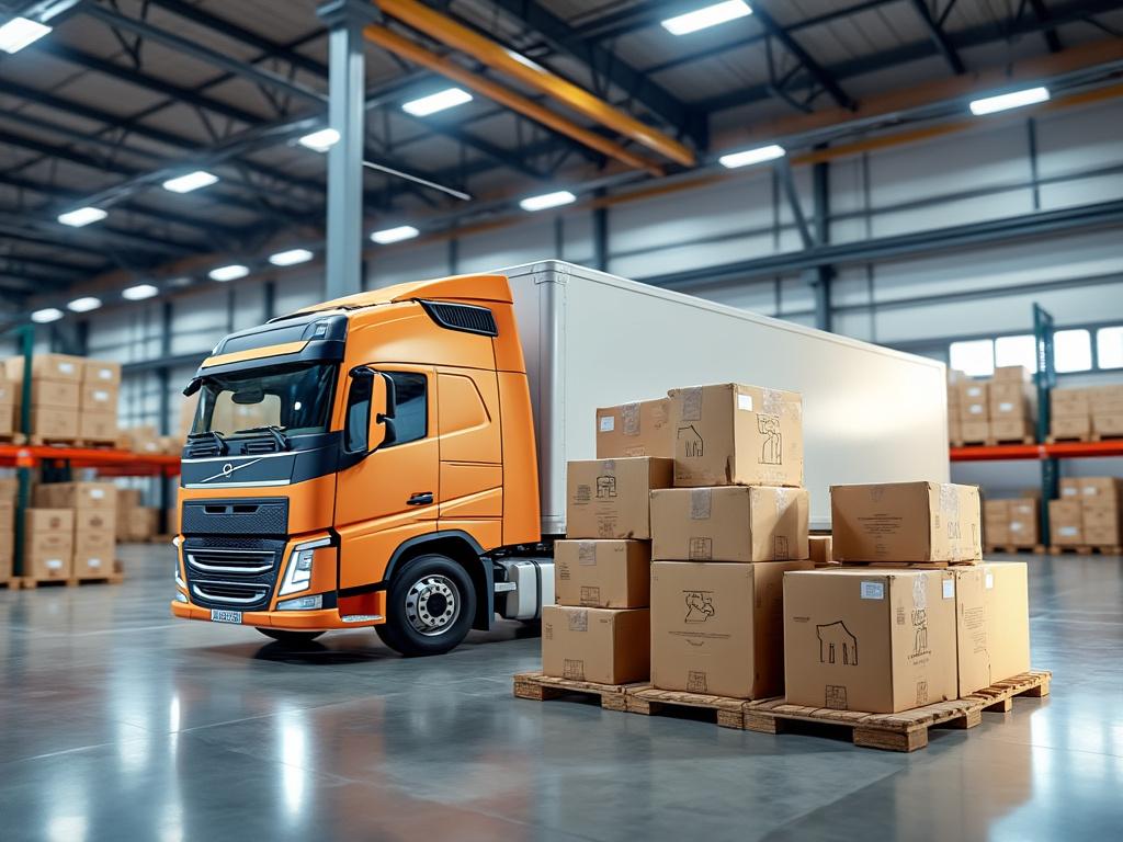 Camión naranja estacionado dentro de un almacén con cajas de cartón en palets. Camión naranja estacionado dentro de un almacén con cajas de cartón en palets.