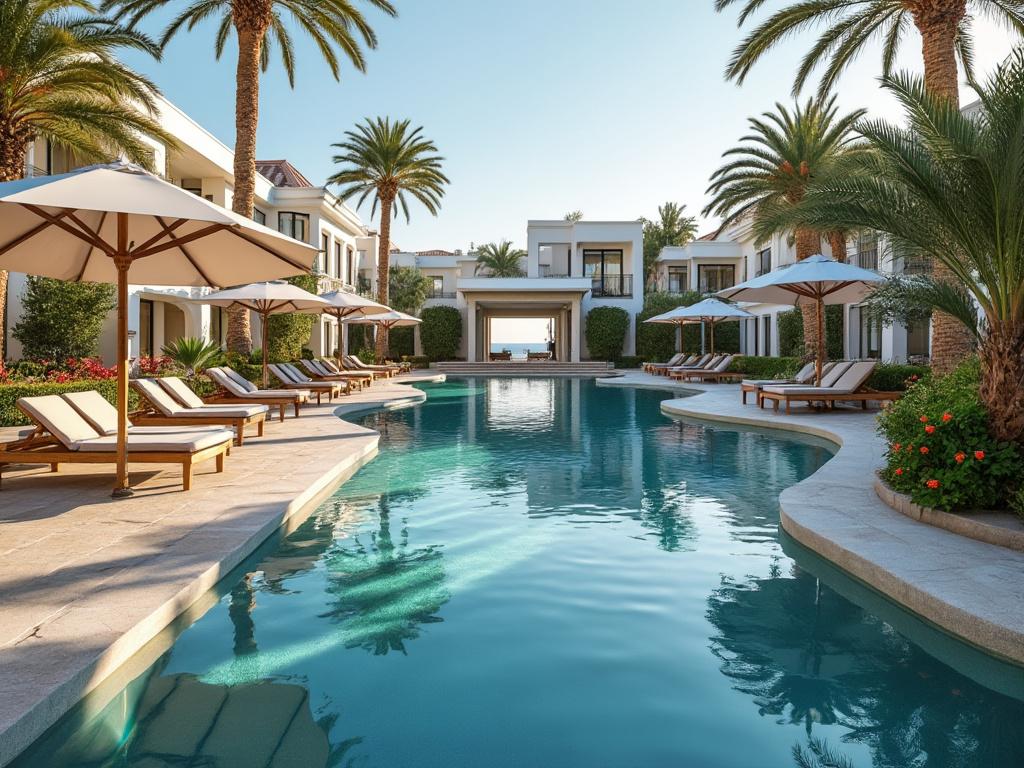 Luxury resort swimming pool with palm trees, sun loungers, umbrellas, and elegant villas Luxury resort swimming pool with palm trees, sun loungers, umbrellas, and elegant villas