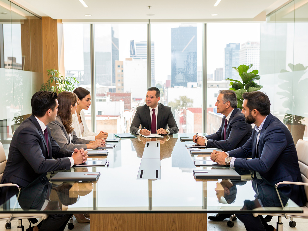 Ejecutivos en reunión de negocios en sala de juntas moderna con mesa de cristal y vista urbana