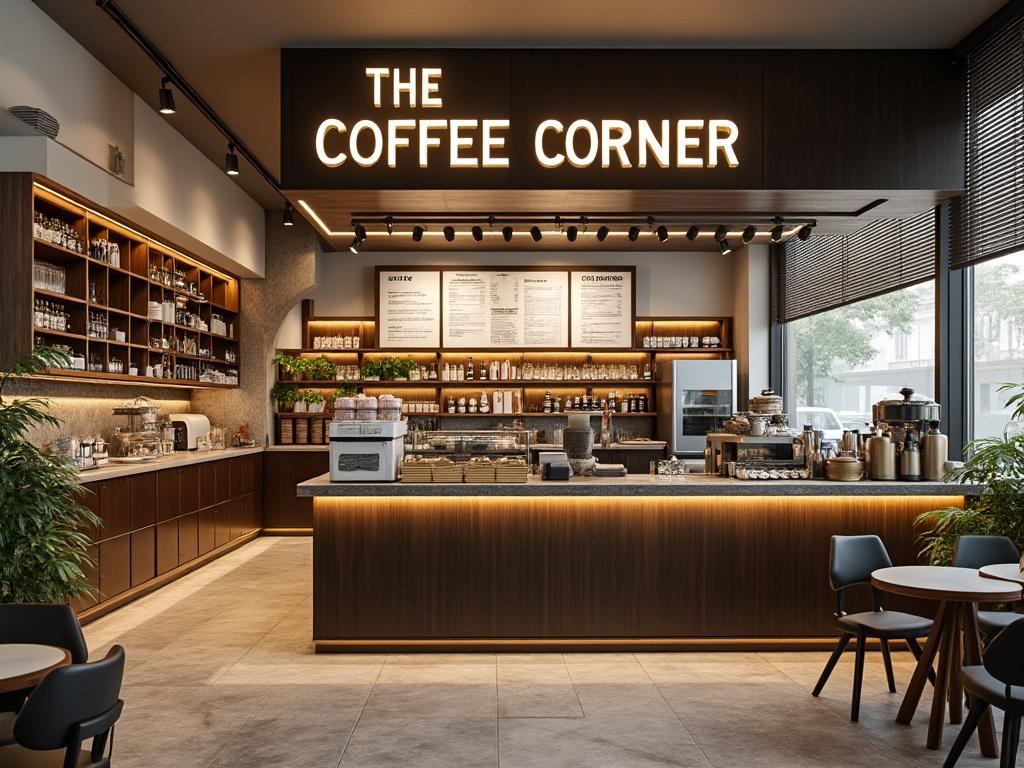 Interior de una cafetería moderna llamada 'The Coffee Corner' con barra iluminada, estanterías llenas de tazas, menú en la pared y decoración de plantas.