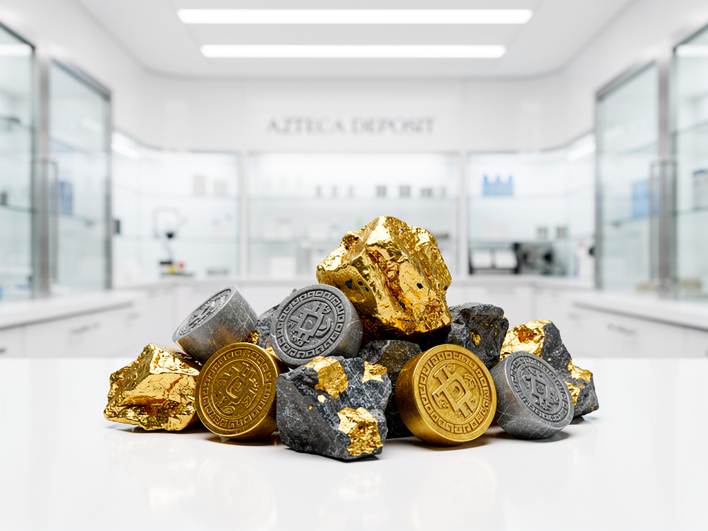 Monedas de Bitcoin doradas y plateadas junto a rocas con oro en un laboratorio moderno