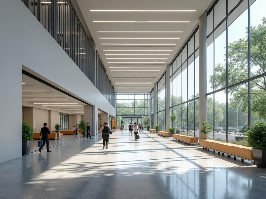 Vestíbulo espacioso y moderno con grandes ventanales, luz natural, plantas decorativas y personas caminando.