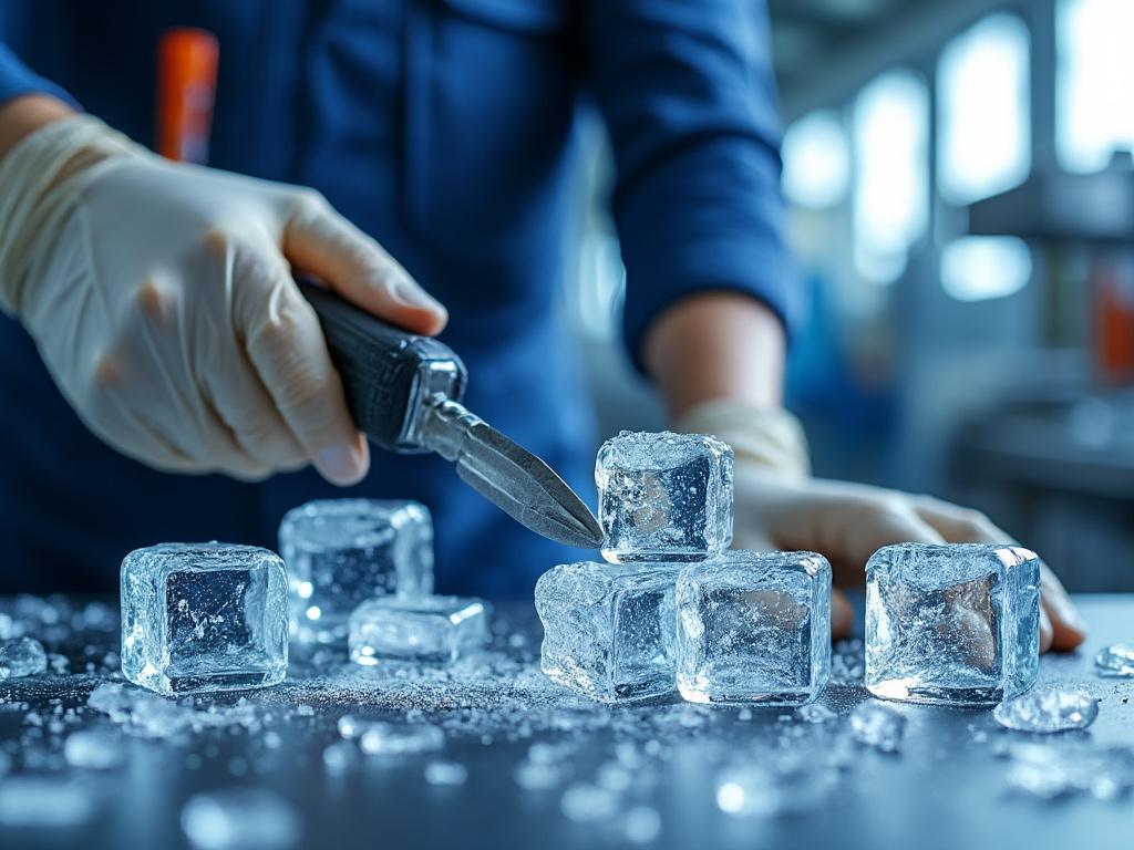 Persona con guantes manipulando cubos de hielo con un cuchillo en ambiente industrial.