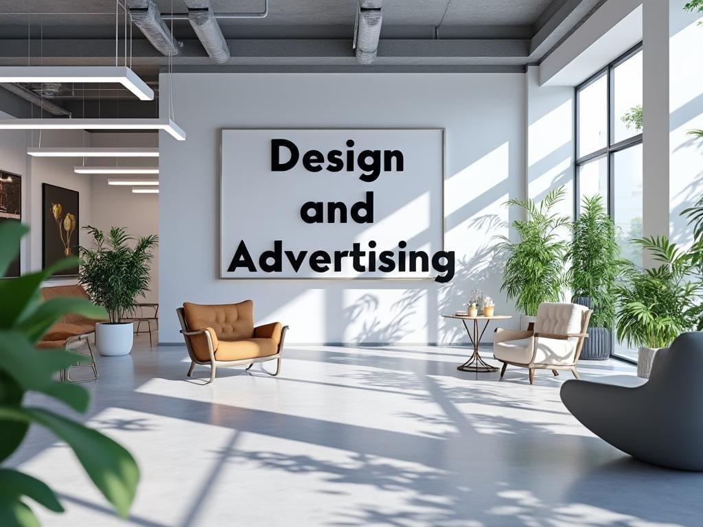 Espacio moderno de oficina con plantas, sillones elegantes y cartel de 'Design and Advertising' en la pared. Espacio moderno de oficina con plantas, sillones elegantes y cartel de 'Design and Advertising' en la pared.