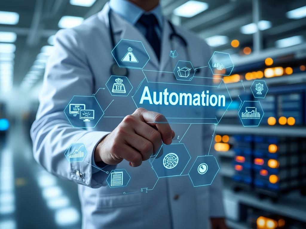 Doctor señalando gráficos hexagonales transparentes con la palabra 'Automatización' en un entorno tecnológico.