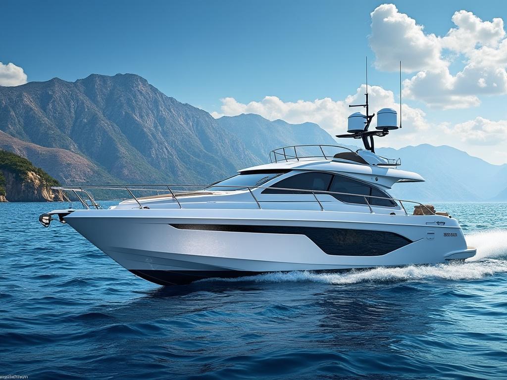 Yate navegando en aguas azules con montañas al fondo y cielo despejado.