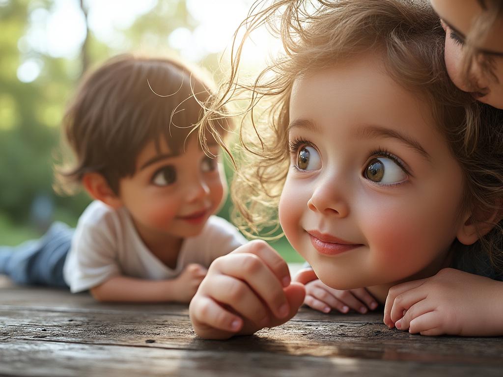 Two children with large, expressive eyes lying on wooden surface, surrounded by soft, natural light and greenery in the background.