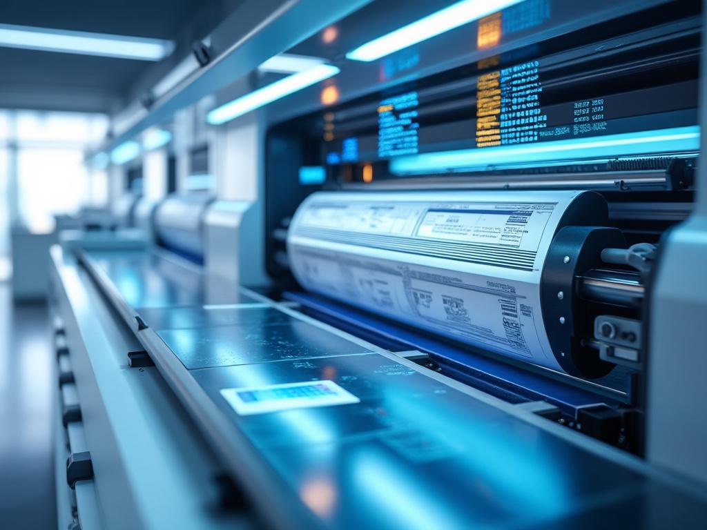 Máquina de impresión digital de alta tecnología en operación, con paneles iluminados y rodillos de papel.