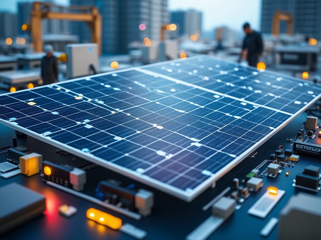 Instalación de panel solar en una ciudad con edificios de fondo y detalles de componentes electrónicos iluminados.