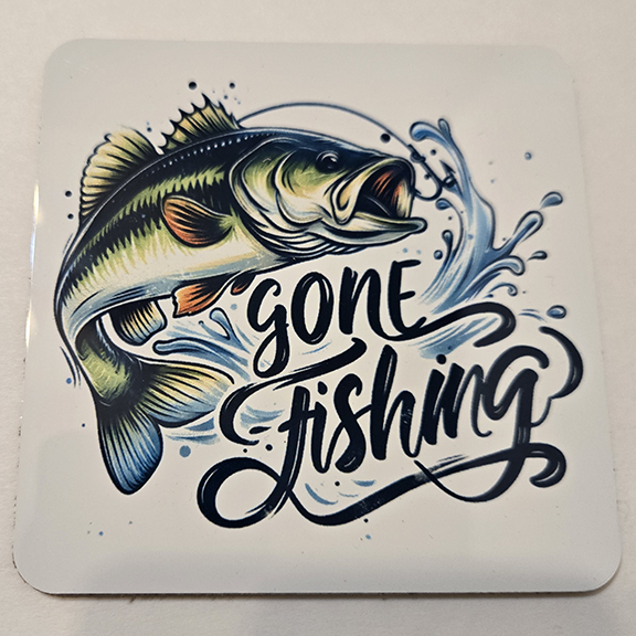 Square metal coaster with a gone fishing design