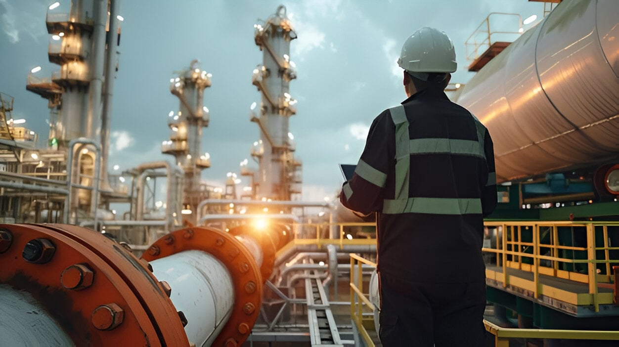 Ingeniero con casco inspeccionando instalaciones industriales con tuberías y estructuras metálicas al atardecer.