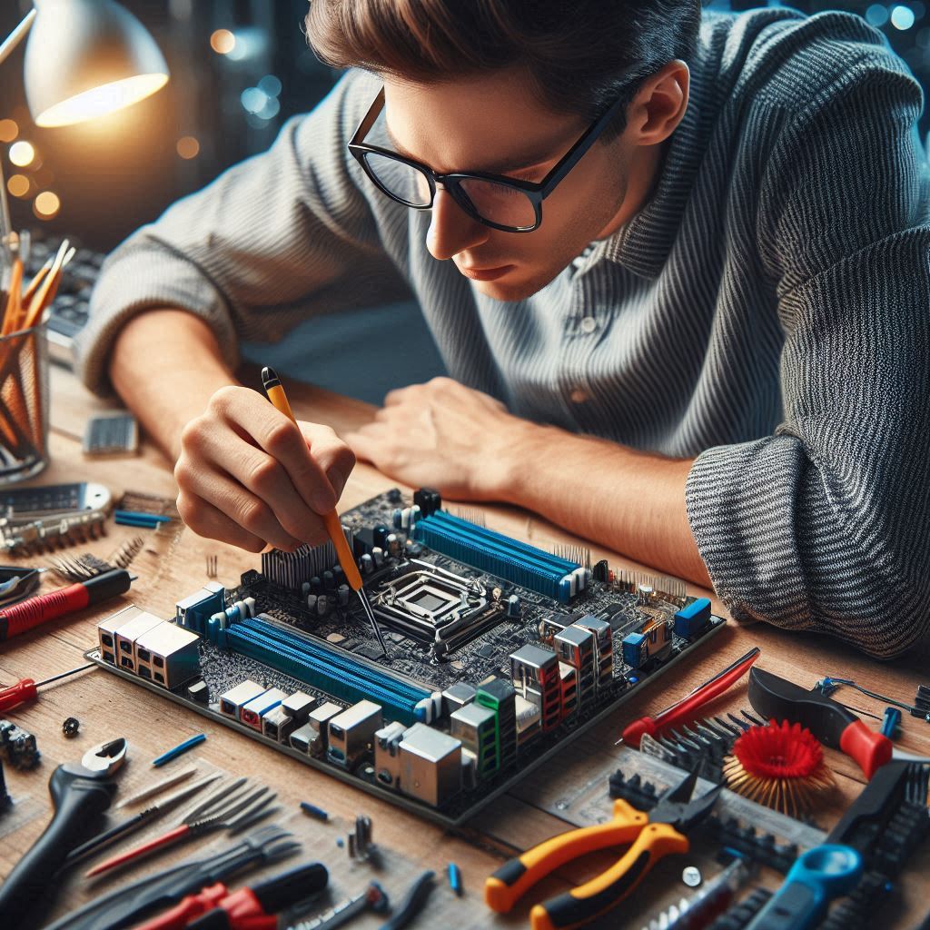 Hombre con auriculares trabajando en una oficina con pantallas de computadora y gráficos, sosteniendo un teléfono móvil.