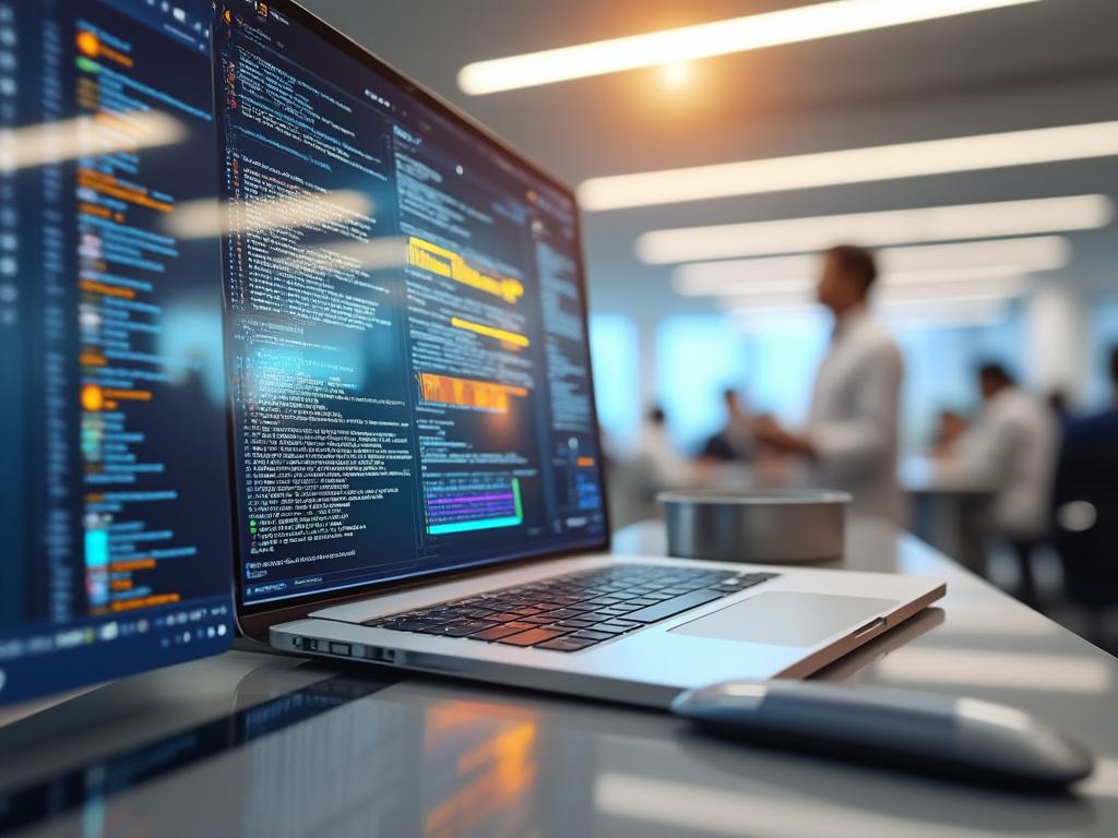 Portátil con código de programación en pantalla en una oficina moderna, con personas trabajando al fondo.