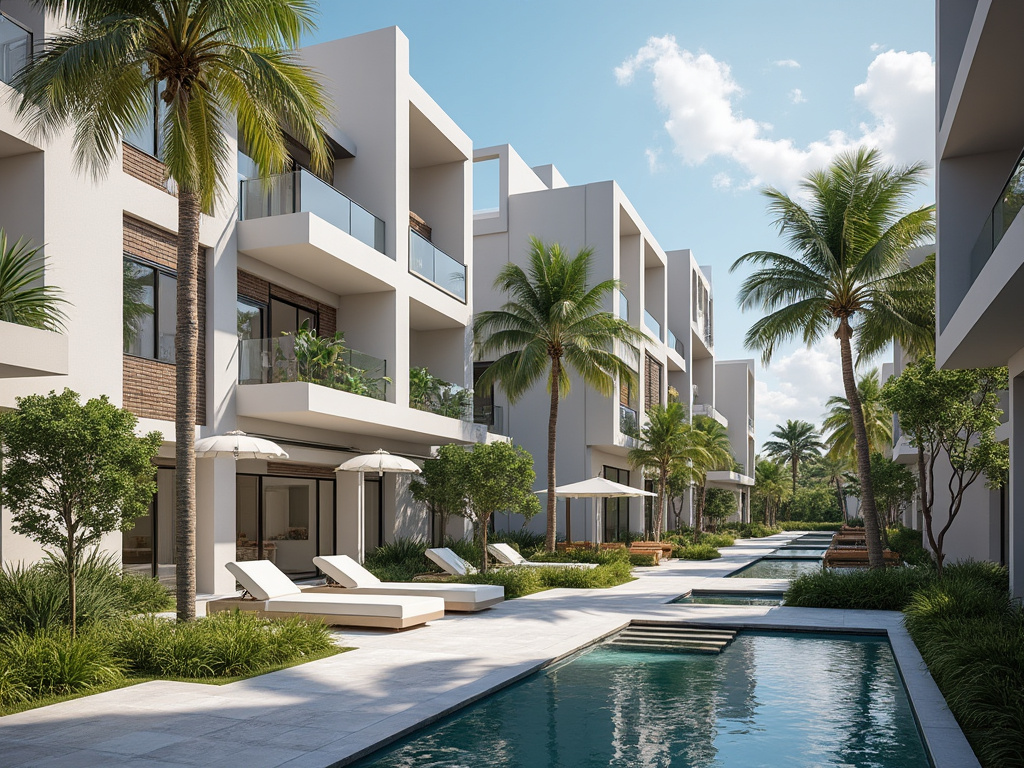 Complexo residencial moderno com piscina, palmeiras e cadeiras de sol em um dia ensolarado.
