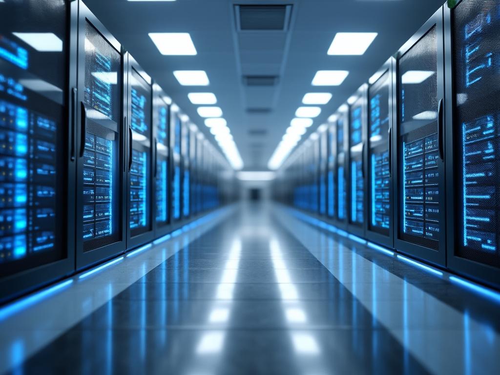 Pasillo de un centro de datos con servidores y luces azules.