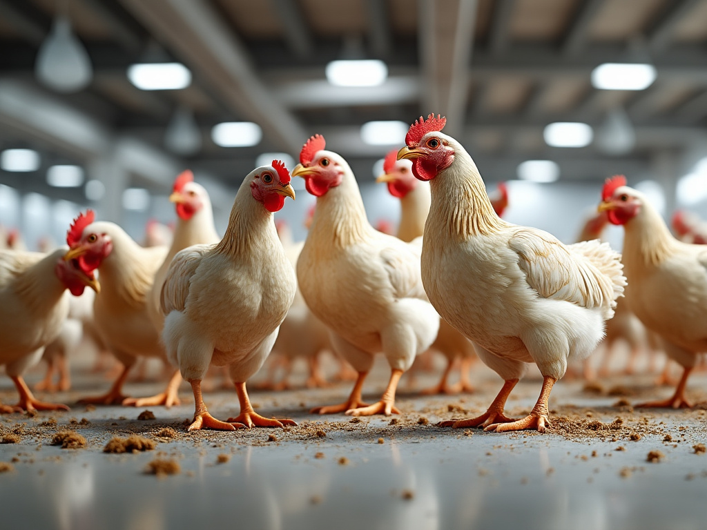 Gallinas blancas en un gallinero moderno con iluminación superior, suelo de concreto y alimentación dispersa.