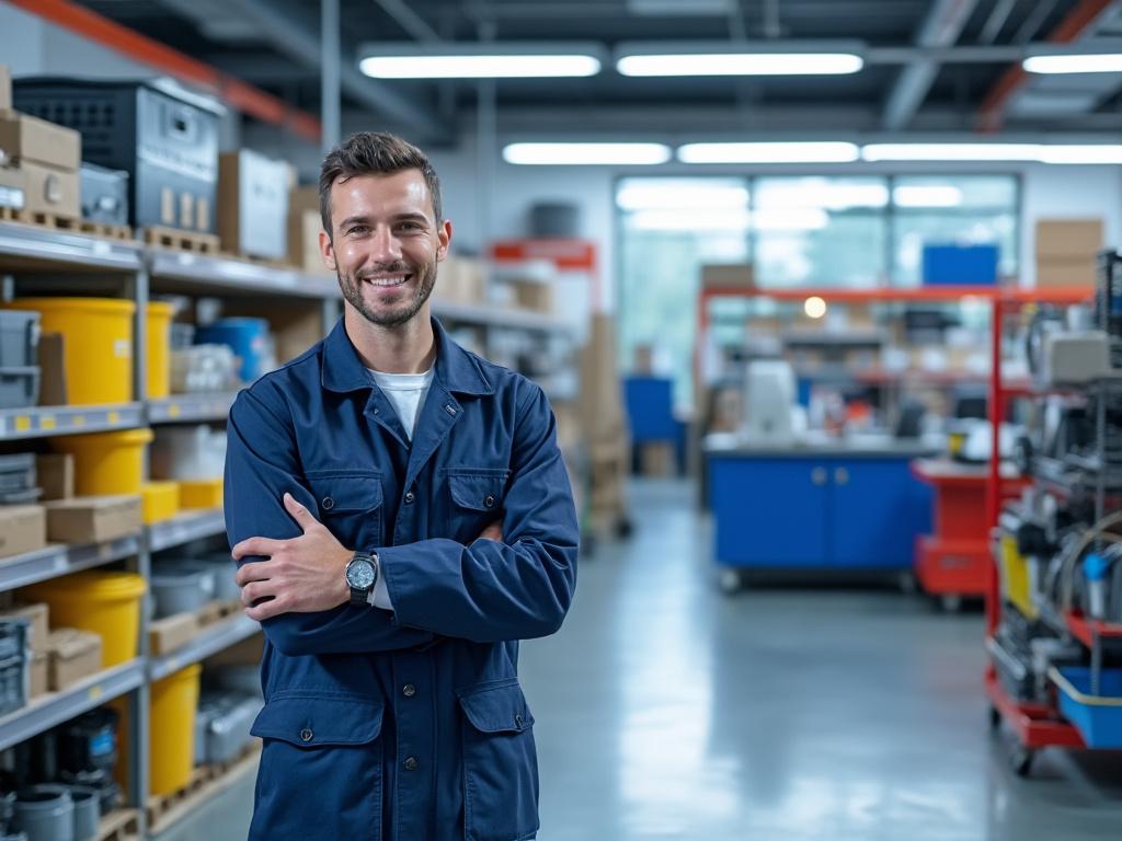 Hombre sonriente con uniforme azul en un almacén organizado, rodeado de estanterías llenas de productos.
