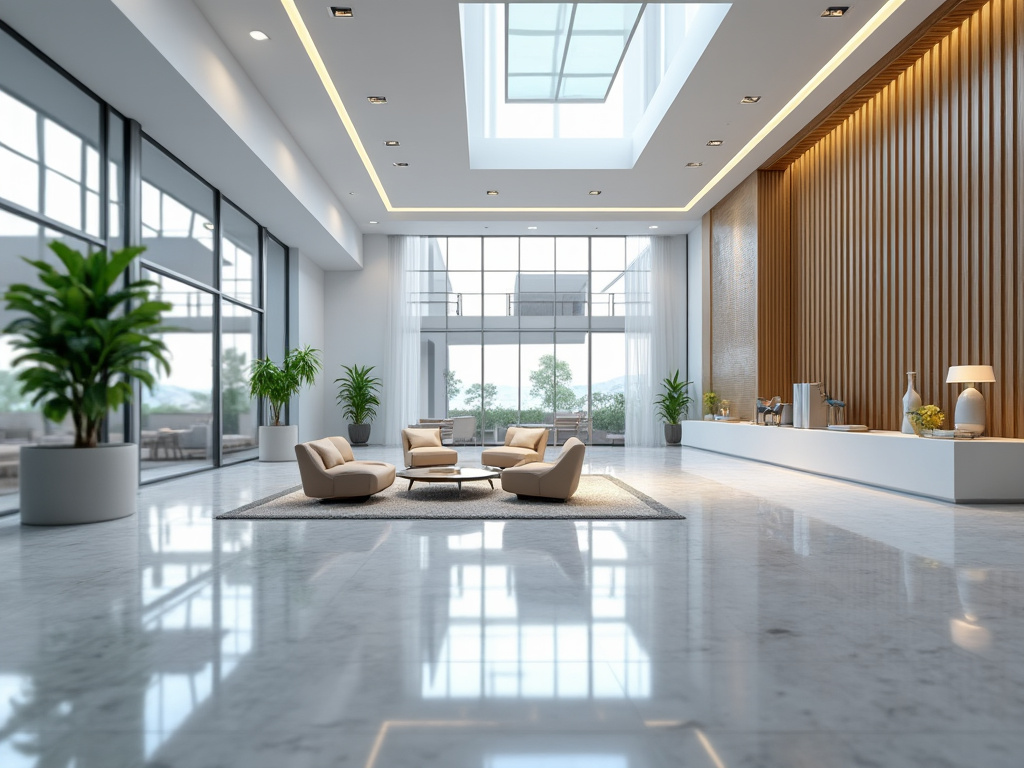 Vestíbulo moderno con techos altos, sofás beige, plantas decorativas y amplia iluminación natural.