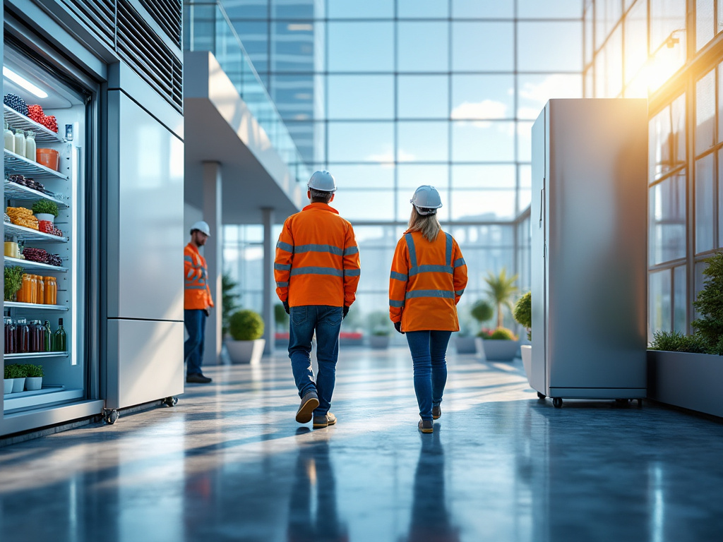 Trabajadores con cascos y chalecos anaranjados caminando en un edificio moderno con refrigeradores y ventanas grandes al fondo.