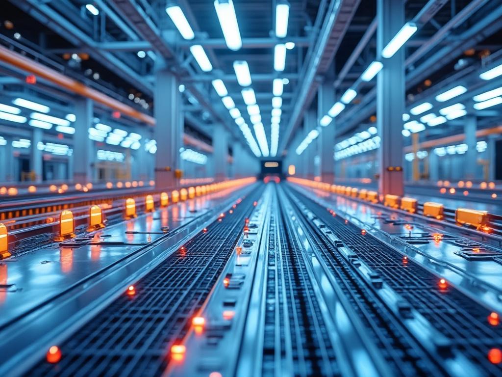 Vista interior de un moderno centro de datos, con servidores iluminados y luces LED azules y naranjas resaltando la infraestructura tecnológica.
