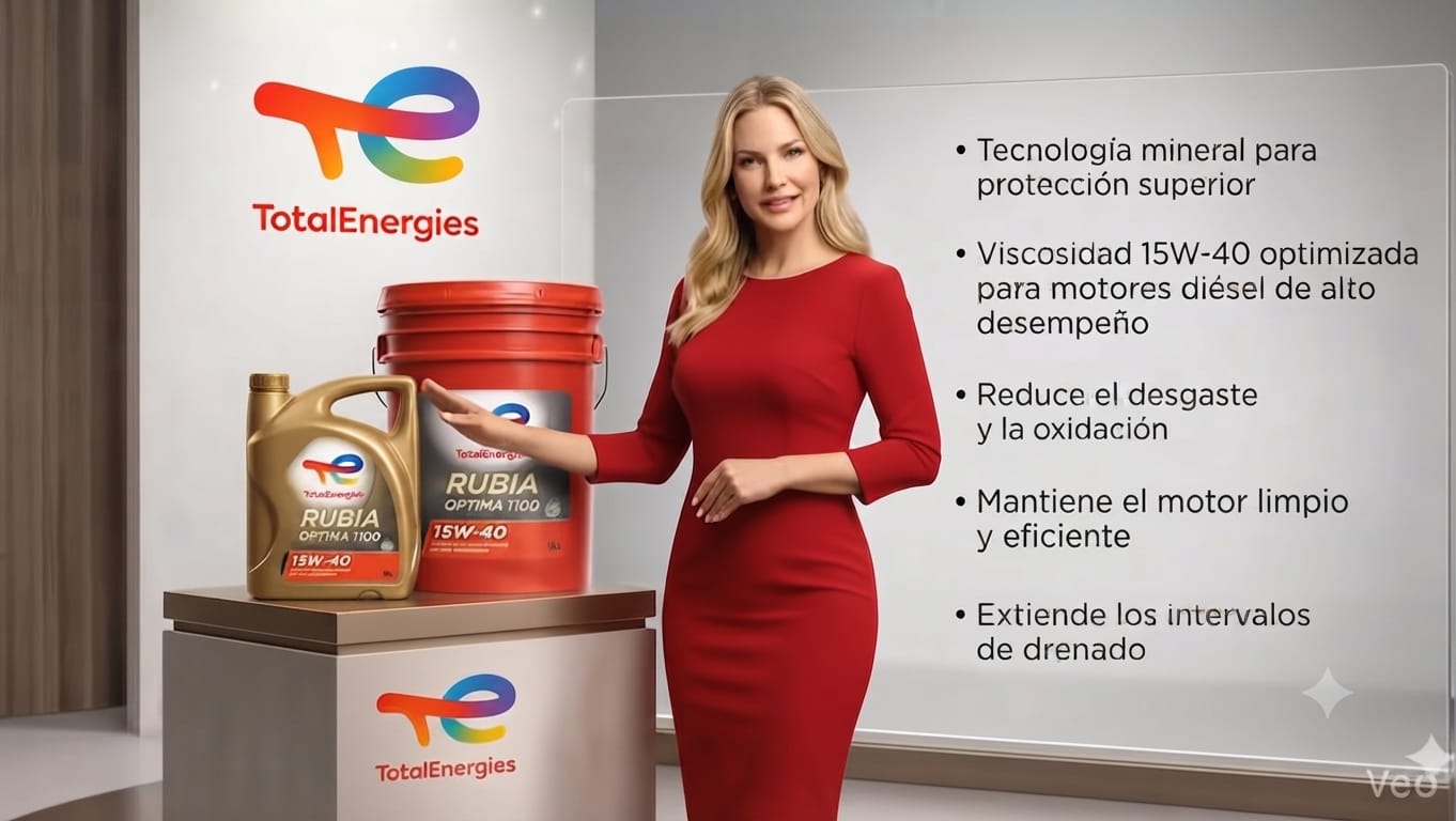 Presentación de aceite TotalEnergies Rubia Optima 1100 15W-40 para motores diésel con beneficios de protección y eficiencia