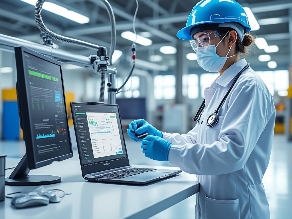 Médico con casco y mascarilla revisando datos en una pantalla de computadora en un laboratorio moderno.