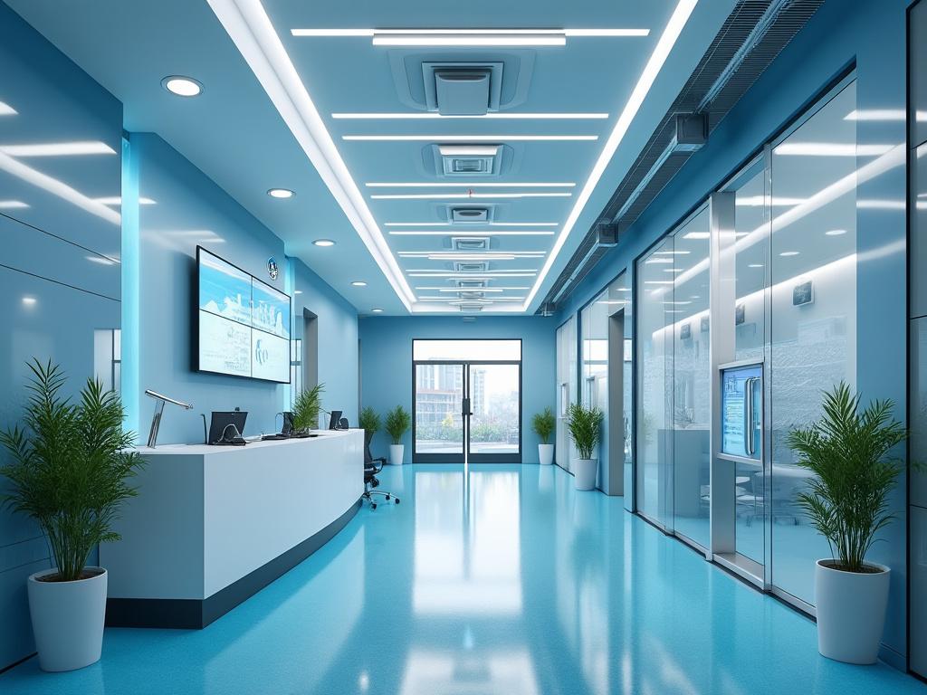 Recepción moderna en una clínica con decoración minimalista en tonos azules, plantas en macetas y pantallas digitales en las paredes. Recepción moderna en una clínica con decoración minimalista en tonos azules, plantas en macetas y pantallas digitales en las paredes.