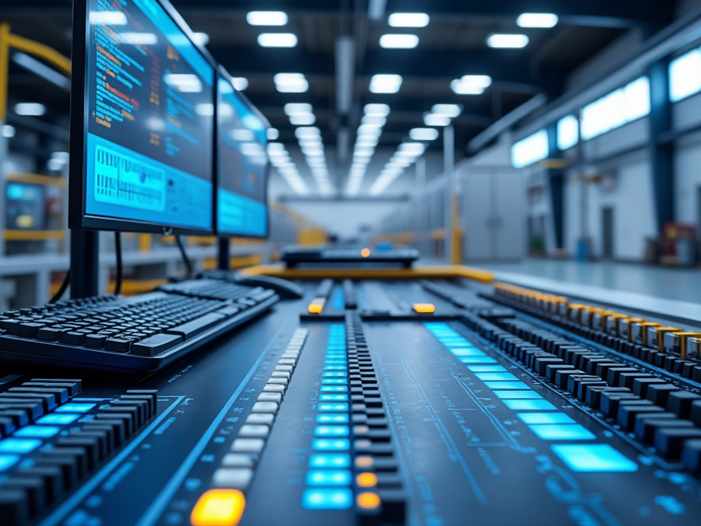 Sala de control moderna con paneles de control iluminados y pantallas de computadora en un entorno industrial.