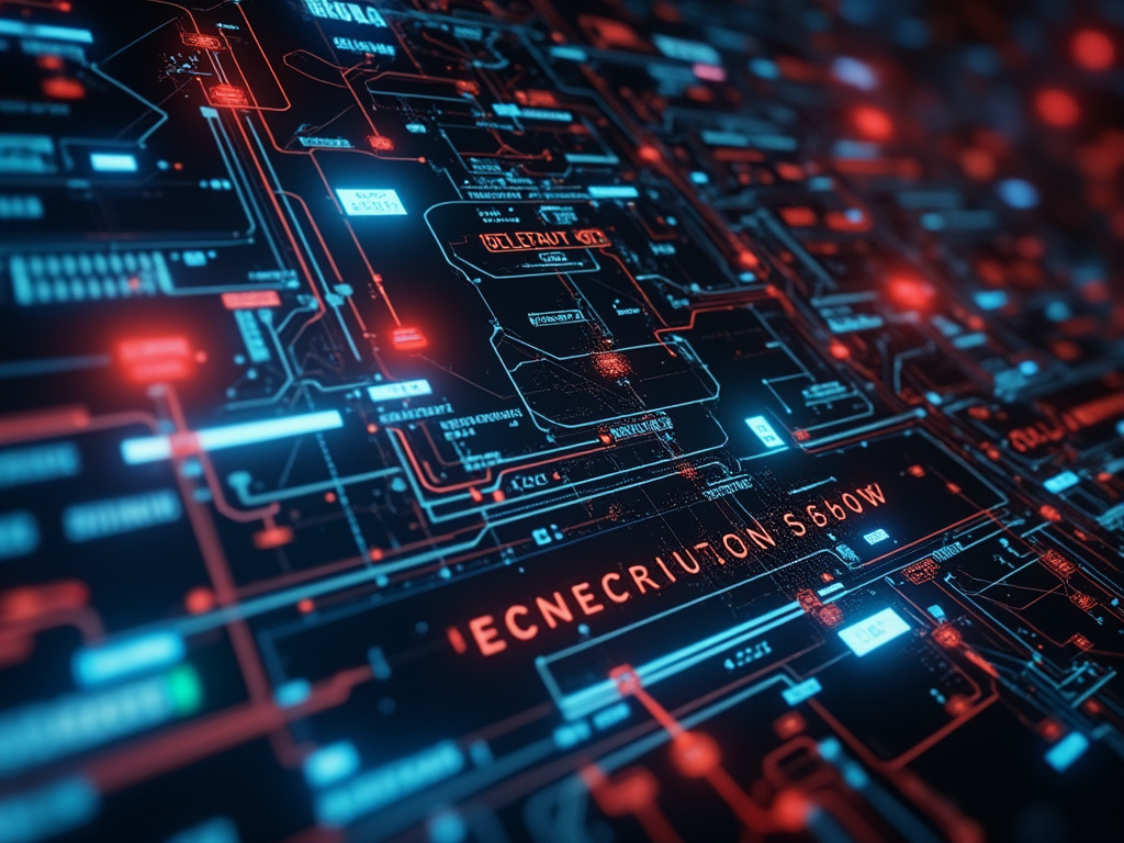 Futuristic cybersecurity interface with glowing red and blue digital circuit network and data connections
